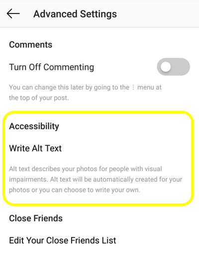 Så här lägger du till alt-text i Instagram-inlägg, steg 2, alternativet för tillgänglighet för Instagram-post för att ställa in alt-tagg