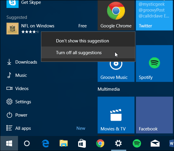 Startmeny för Windows 10 Stäng av föreslagna appar