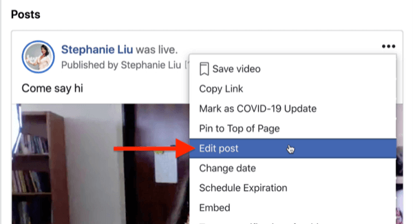 möjlighet att redigera inlägget för Facebook-livestream under menyn med tre punkter i det övre högra hörnet av stream-inlägget