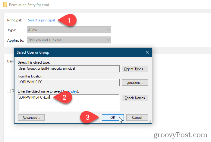 Klicka på Välj en huvudman och välj en användare eller grupp för behörigheter i Windows-registret