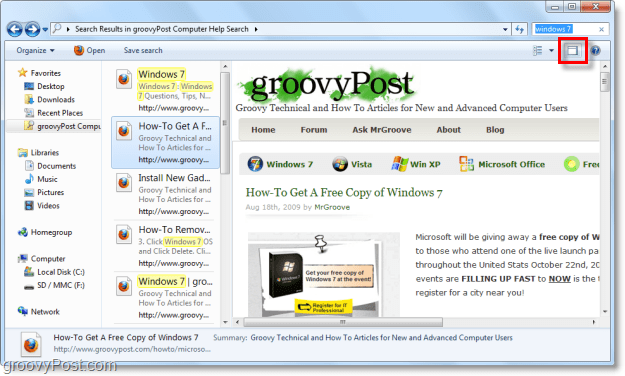Använd förhandsgranskningsfönstret Windows 7 för att visa webbplatser via sökkontakt i explorerfönstret