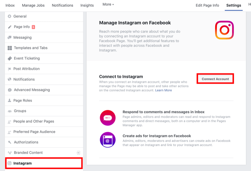 hur man ansluter Facebook-sidan till Instagram-företagskontot i inställningarna för Facebook-sidan