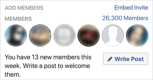 Klicka på Skriv inlägg för att välkomna nya Facebook-gruppmedlemmar.