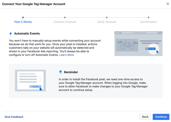 Använd Google Tag Manager med Facebook, steg 6, fortsätt-knappen när du ansluter Google Tag Manager till ditt Facebook-konto