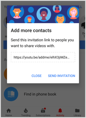 YouTube-inbjudningslänk för att dela med människor för att lägga till fler kontakter