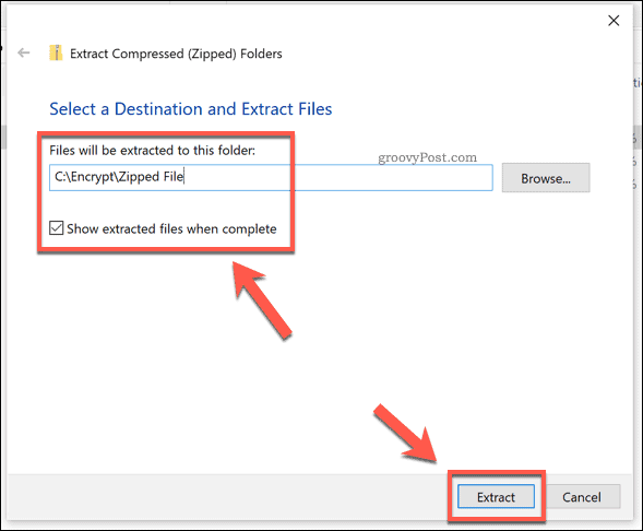 Extraktionsalternativen för en Windows-zip-fil