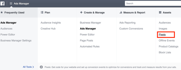 För att ställa in Facebook-pixeln, öppna Ads Manager för att välja den.
