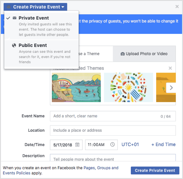 Alternativ för Facebook-händelser när du skapar ett evenemang från en Facebook-profil