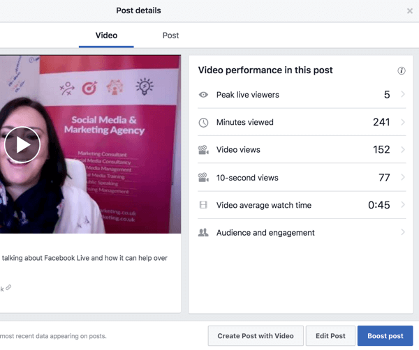 Välj en video i ditt Facebook-videobibliotek för att se prestandamätvärden.