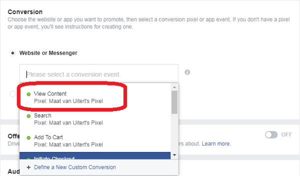Om du valde Konverteringar som ditt Facebook Messenger-annonsmål väljer du en konverteringshändelse.