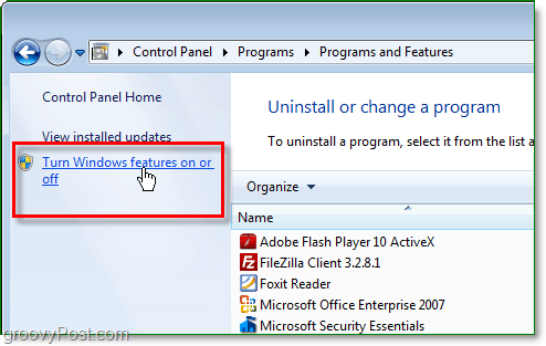 klicka på slå på eller stänga av Windows-funktioner från Windows 7-program och funktionsfönster