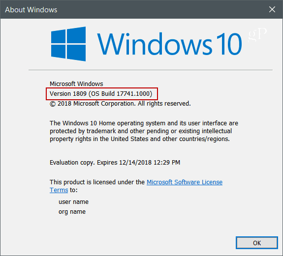 Winver Windows 10 version 1809