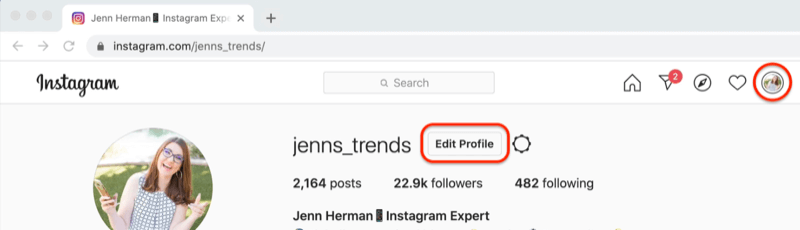skärmdump av en instagramprofil med knappen 'redigera profil' markerad