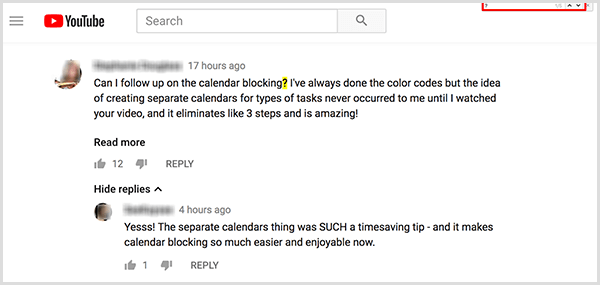 Amy Landino använder Find-kommandot för att söka efter frågetecken i sina YouTube-videokommentarer. Sökrutan visas längst upp till höger i ett webbläsarfönster. Efter att ha hittat ett frågetecken markeras karaktären i gult på videons webbsida.