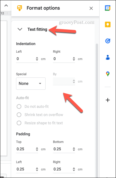 Ändra textanpassningsalternativ för en Google Slides-tabell