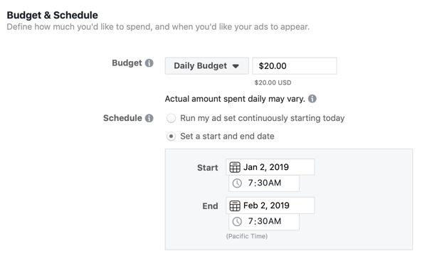 Budget- och schemaläggningsalternativ för en Facebook-annonskampanj.