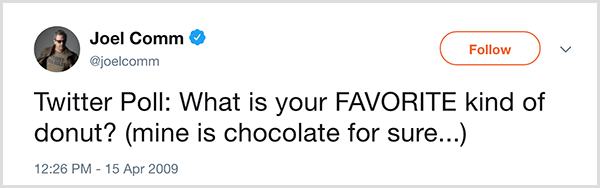 Joel Comm ställde sina Twitter-anhängare frågan: Vad är din favorit typ av munk? Min är choklad säkert. Tweeten dök upp den 15 april 2009.