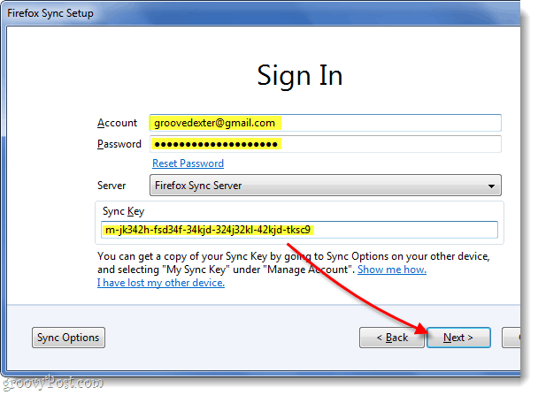 logga in i Firefox-synkronisering med din e-postadress, lösenord och synkroniseringsnyckel