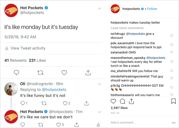 Hot Pockets Instagram-inlägg med varumärke oddball-humor.