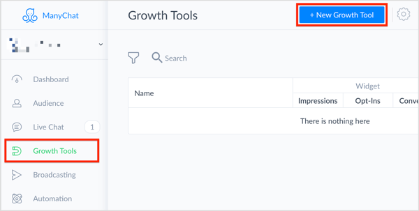 I ManyChat väljer du Tillväxtverktyg till vänster och klickar på knappen + Nytt tillväxtverktyg längst upp till höger.