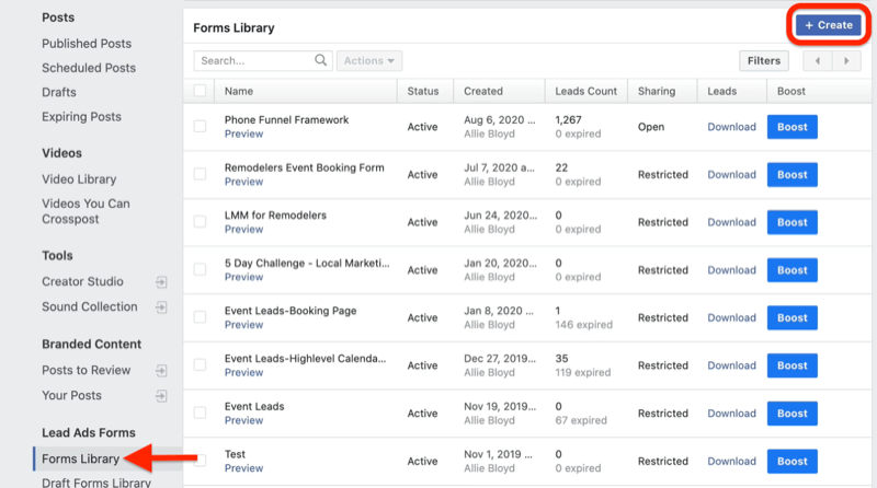 Facebook Business Manager publiceringsverktygsmeny med formulärbibliotek markerat under blyannonsformulär med knappen Skapa markerad