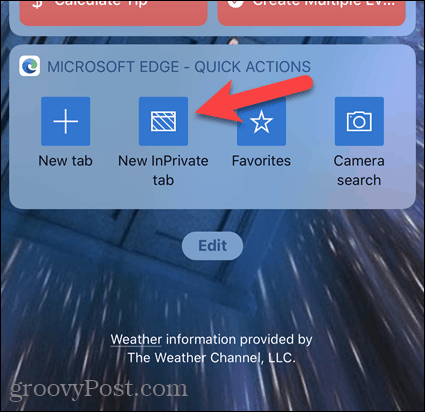 Tryck på Ny InPrivate-flik på Edge-widget på iOS