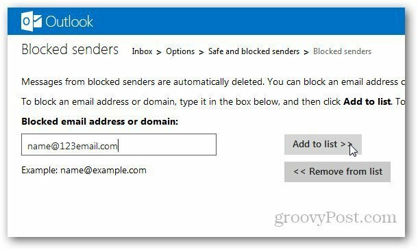 Outlook.com: Lägg till e-postadresser i den blockerade listan