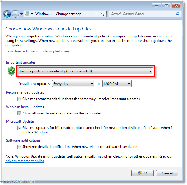 Windows 7 - Skärmbild för Windows Update Configuration Menu