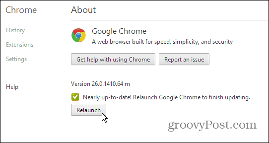 Google Chrome About Page - Uppdatera och starta om