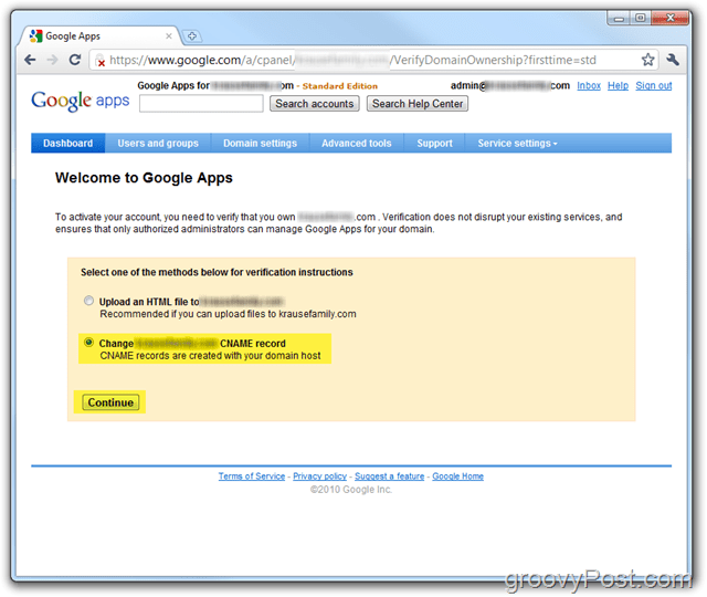 Google Apps ändrar CName-post för att verifiera ägande
