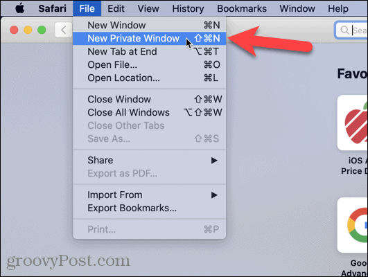 Välj Nytt privat fönster i Safari på Mac