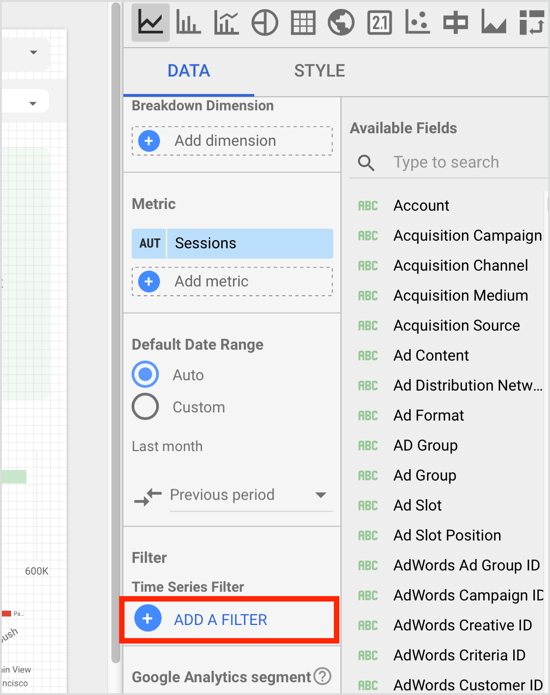 Klicka på alternativet Lägg till ett filter på komponentegenskapspanelen på fliken Data.