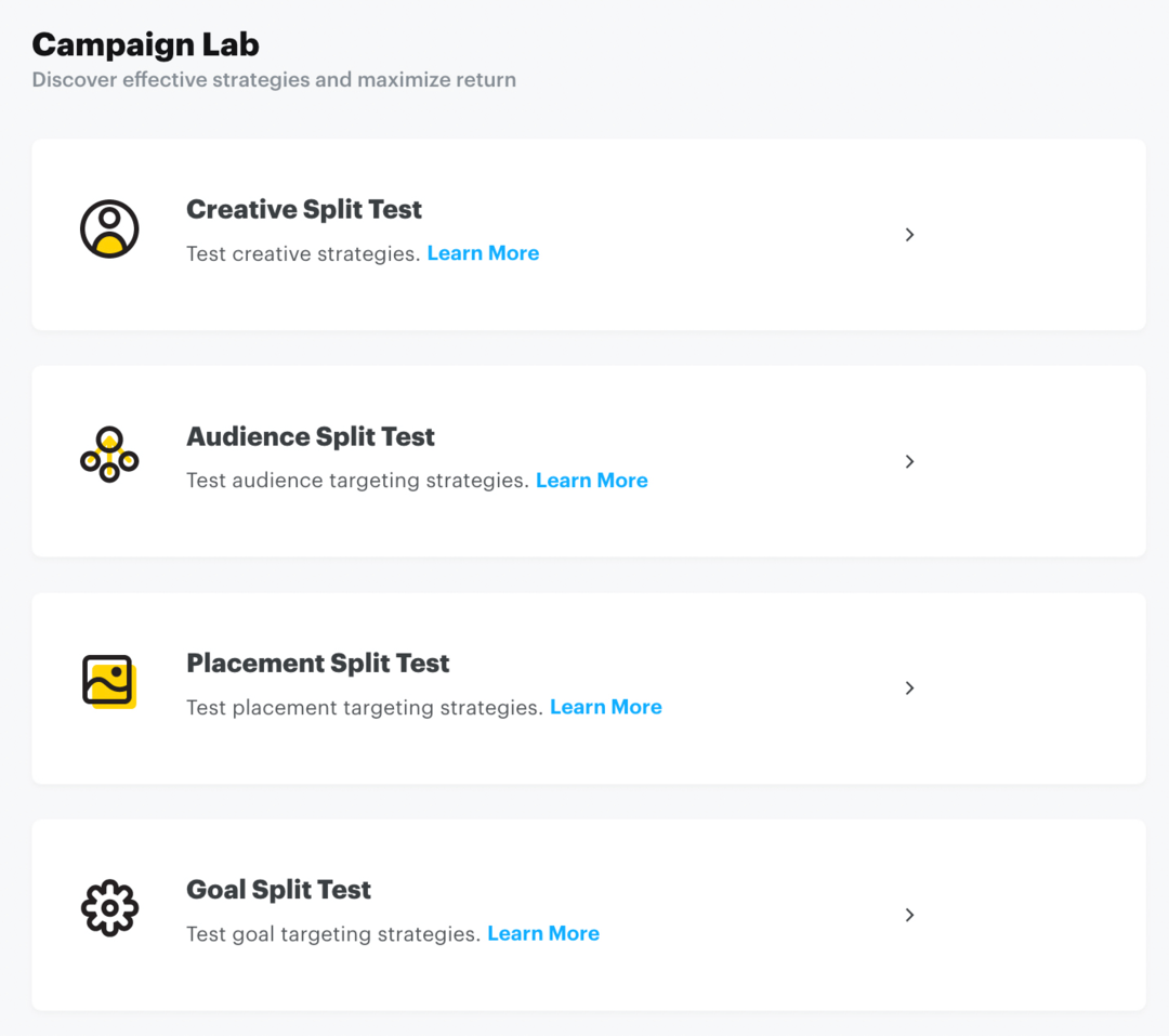 ställ in Snap-delat test via Campaign Lab Steg 1