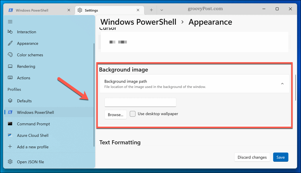 Tillämpa en ny bakgrund på Windows 11-terminalappen
