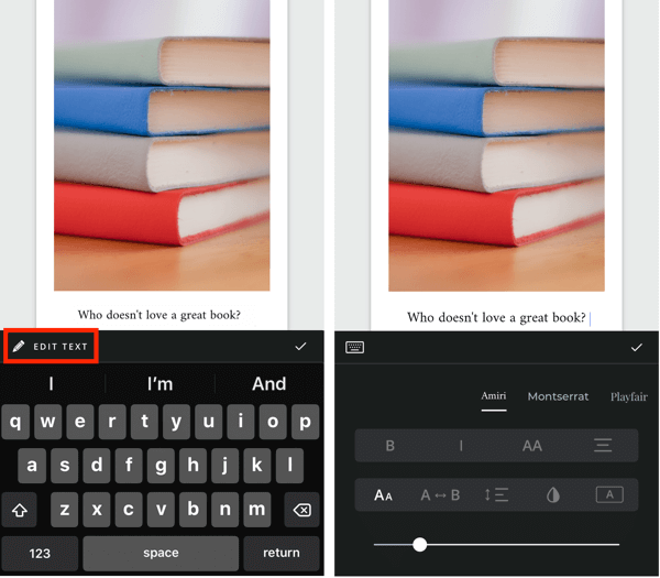 Skapa en vik ut Instagram-berättelse steg 5 som visar alternativ för textredigering.