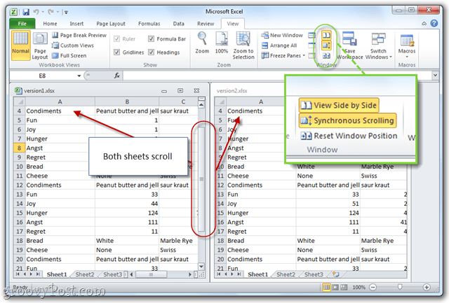 synkroniserad rullning med MS Office 2010 Excel