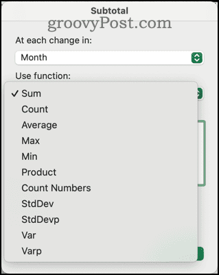 Olika funktioner tillgängliga i Subtotal Dialog i Excel