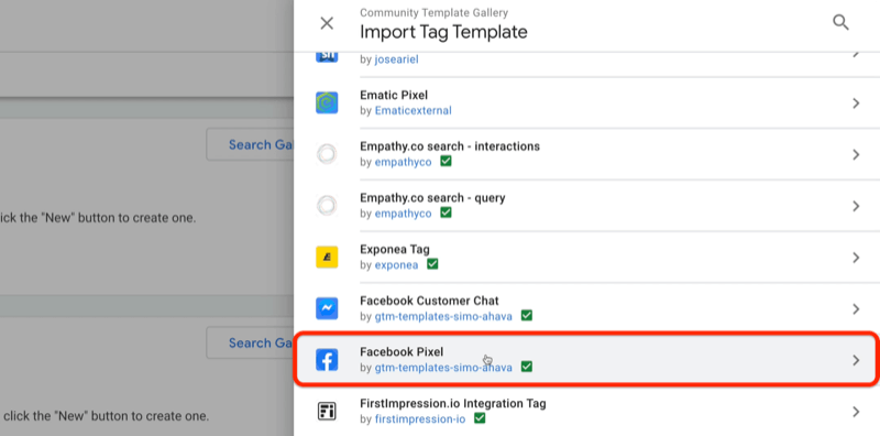 google tag manager community mall galleri import tag mall meny med exempel mallar för ematic pixel, exponea tag, facebook kundchatt, bland annat med facebook pixel markerad