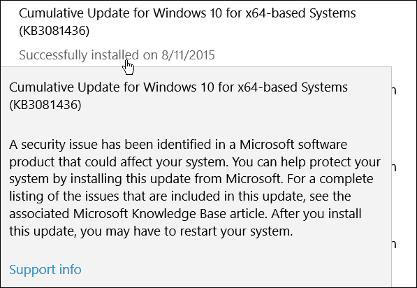 Microsofts andra kumulativa uppdatering för Windows 10 (KB3081436)