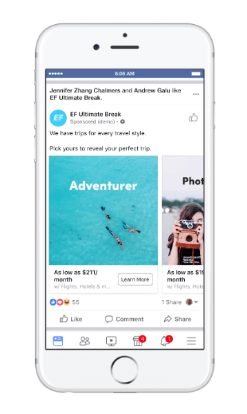 Facebook rullade ut en ny typ av dymanisk annons för resor kallad, resa övervägande.