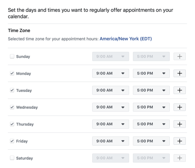 ange datum och tider tillgängliga för bokning med Facebook-sidan