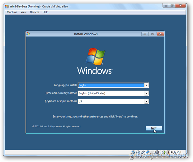 VirtualBox Windows 8 installationsmeny