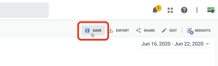 markerat alternativ för att spara en anpassad Google-analysrapport 