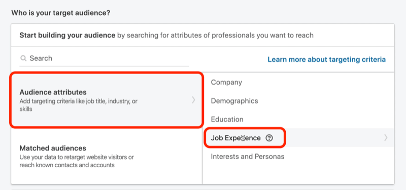 skärmdump av Vem är din publik? avsnitt i LinkedIn-kampanjinställningar