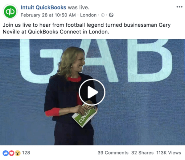 Exempel på ett Facebook-inlägg som meddelar en kommande Live-video från Intuit Quickooks.