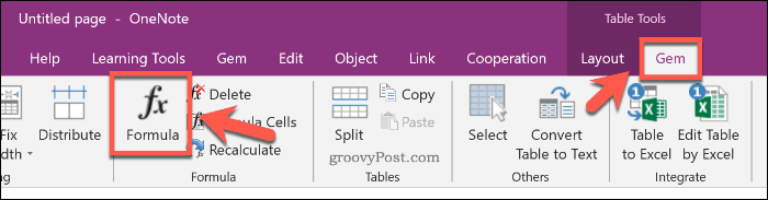 Infoga en Excel-formel med Gem för OneNote-tillägg i OneNote