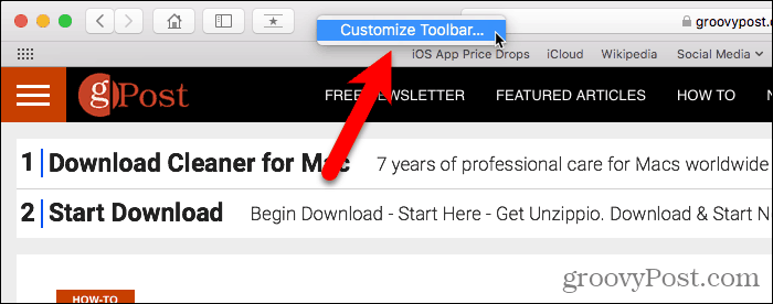 Välj Anpassa verktygsfältet i Safari för Mac