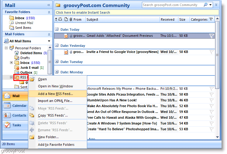 Skärmdump Microsoft Outlook 2007 Lägg till nytt RSS-flöde