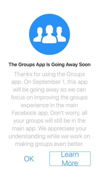 Facebook avbryter Groups-appen för iOS och Android efter den 1 september 2017.