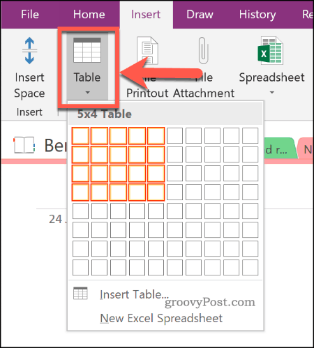 Infoga en ny tabell i OneNote